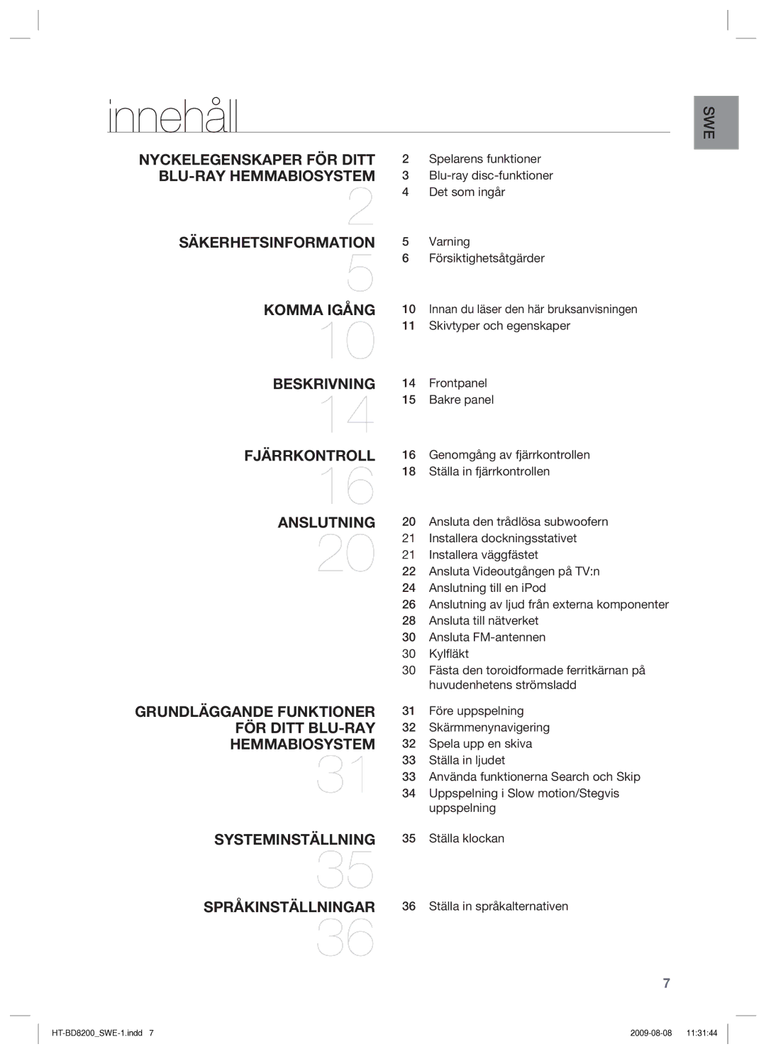 Samsung HT-BD8200T/XEE manual Innehåll 