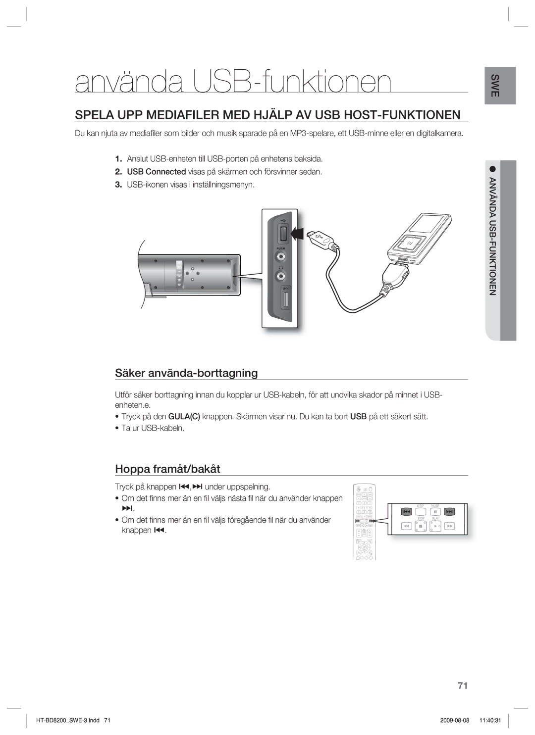 Samsung HT-BD8200T/XEE manual Använda USB-funktionen, Spela UPP Mediafiler MED Hjälp AV USB HOST-FUNKTIONEN 