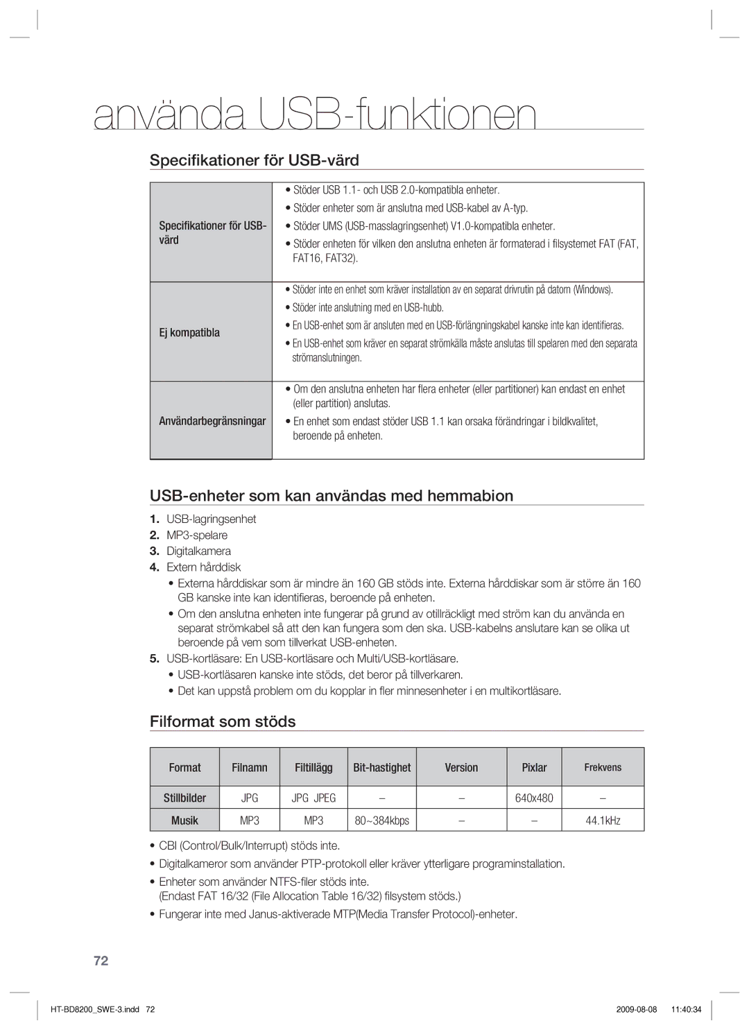 Samsung HT-BD8200T/XEE manual Speciﬁkationer för USB-värd, USB-enheter som kan användas med hemmabion, Filformat som stöds 