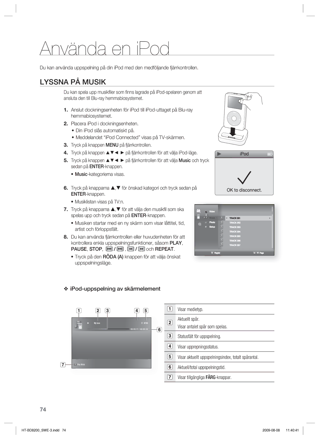 Samsung HT-BD8200T/XEE manual Använda en iPod, Lyssna PÅ Musik, IPod-uppspelning av skärmelement 