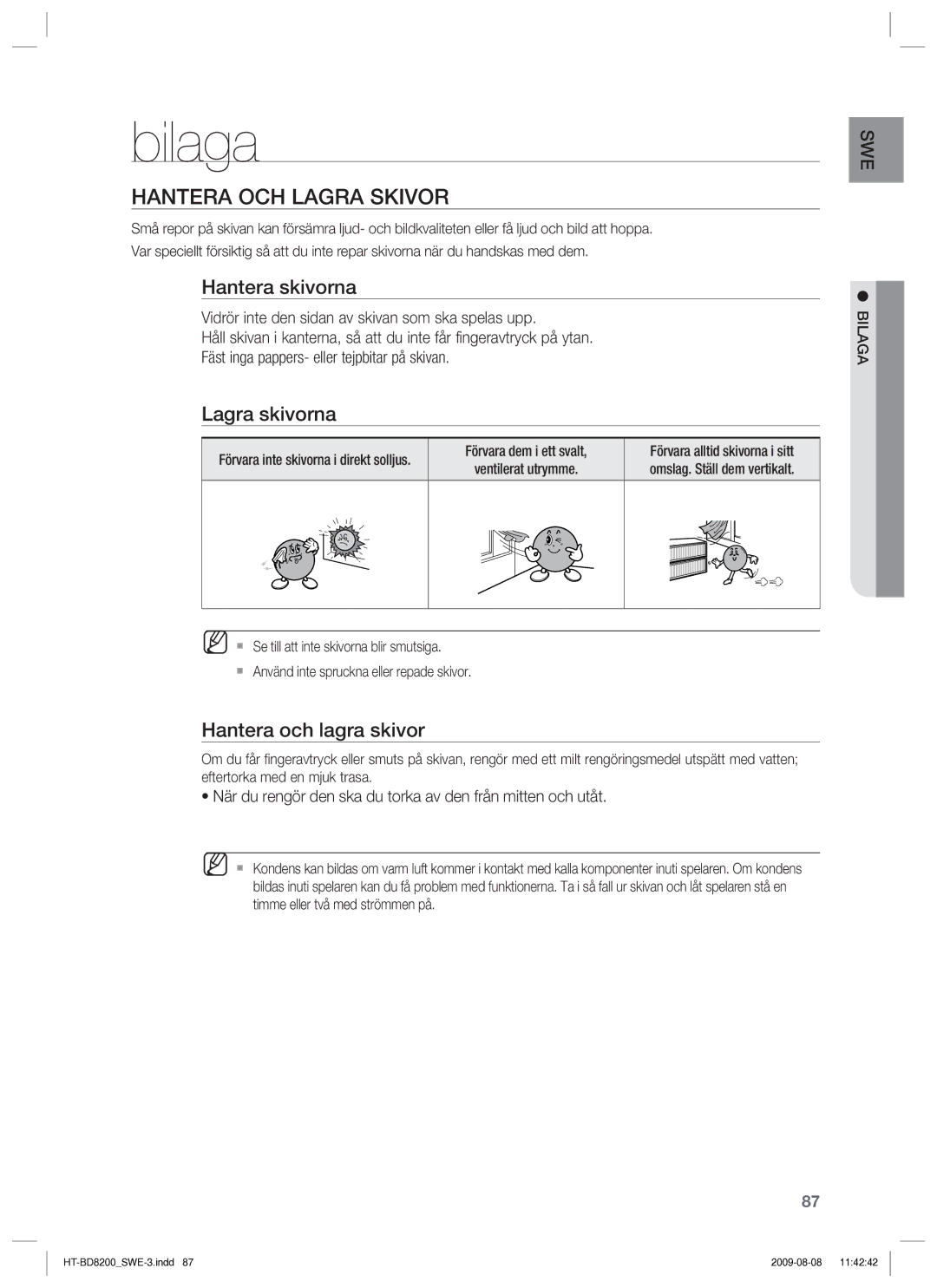 Samsung HT-BD8200T/XEE manual Bilaga, Hantera OCH Lagra Skivor, Hantera skivorna, Lagra skivorna, Hantera och lagra skivor 