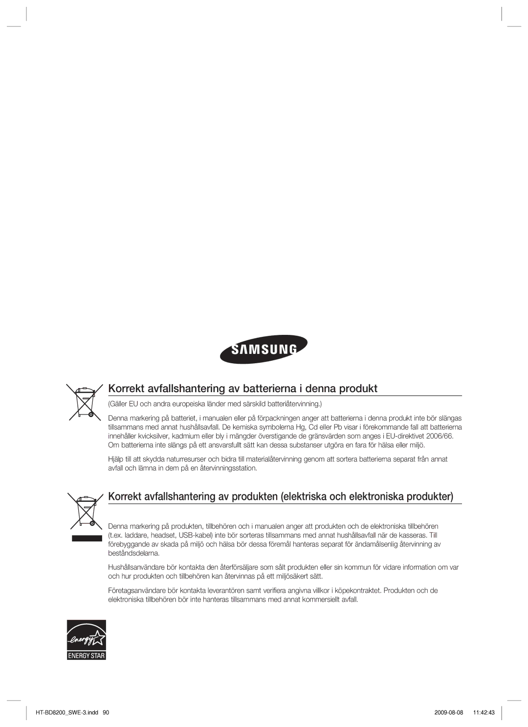 Samsung HT-BD8200T/XEE manual Korrekt avfallshantering av batterierna i denna produkt 