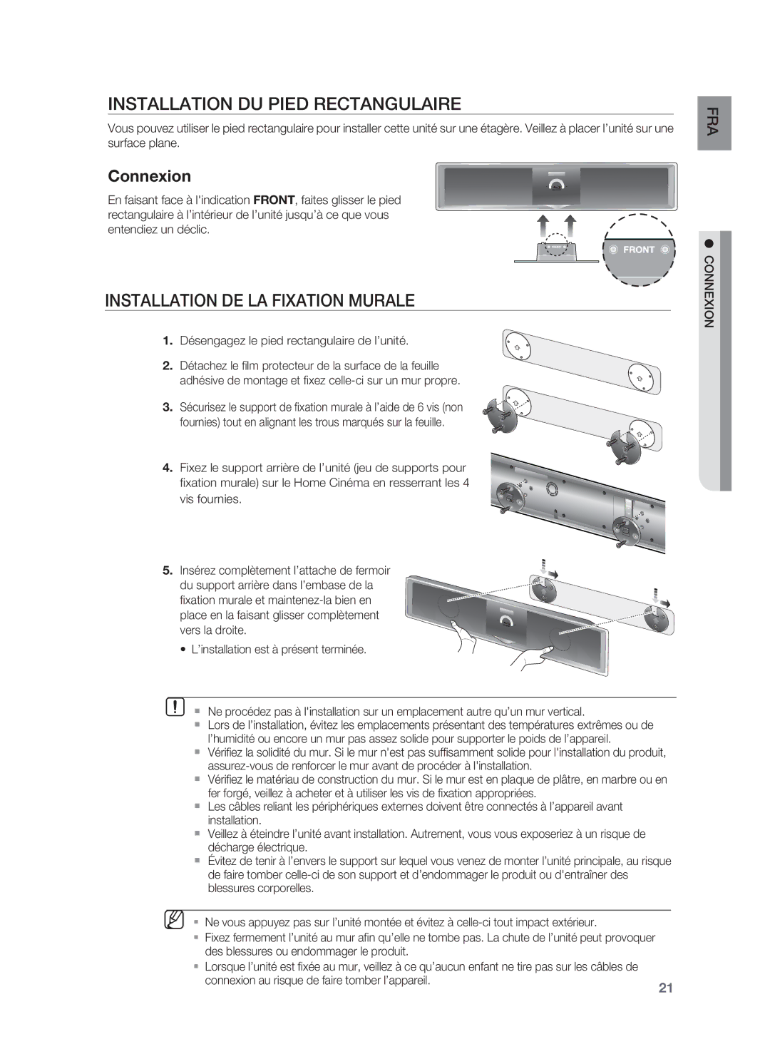 Samsung HT-BD8200T/XET, HT-BD8200T/XEF Installation DU Pied Rectangulaire, Installation DE LA Fixation Murale, Connexion 