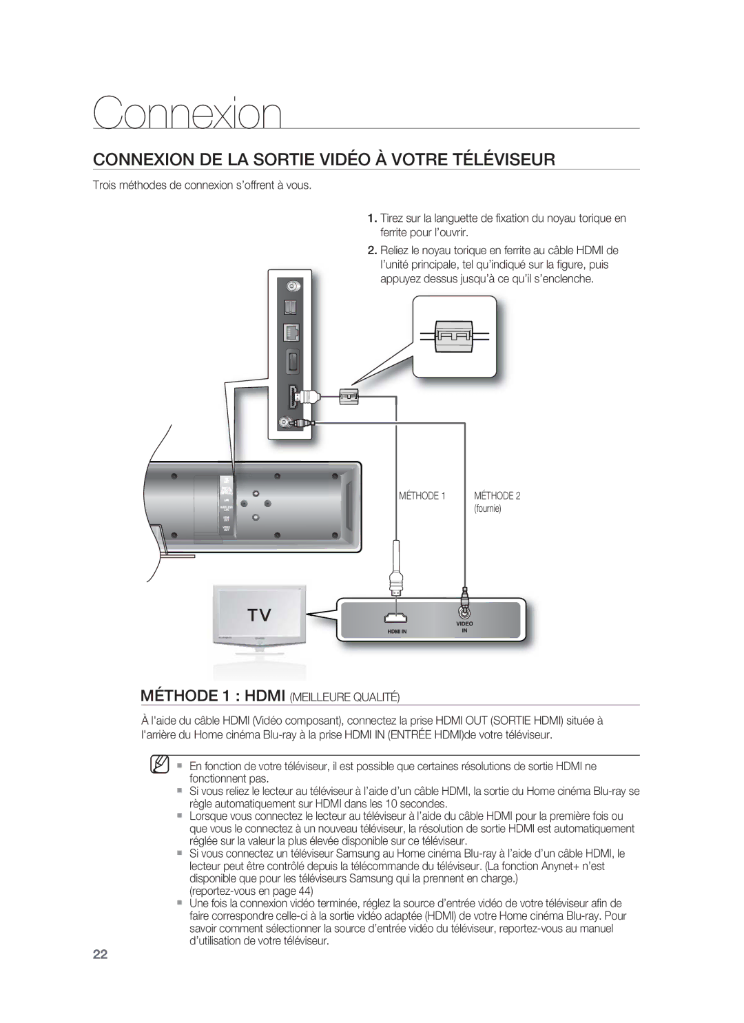 Samsung HT-BD8200T/XEF, HT-BD8200T/XET Connexion DE LA Sortie Vidéo À Votre Téléviseur, Méthode 1 Hdmi Meilleure Qualité 