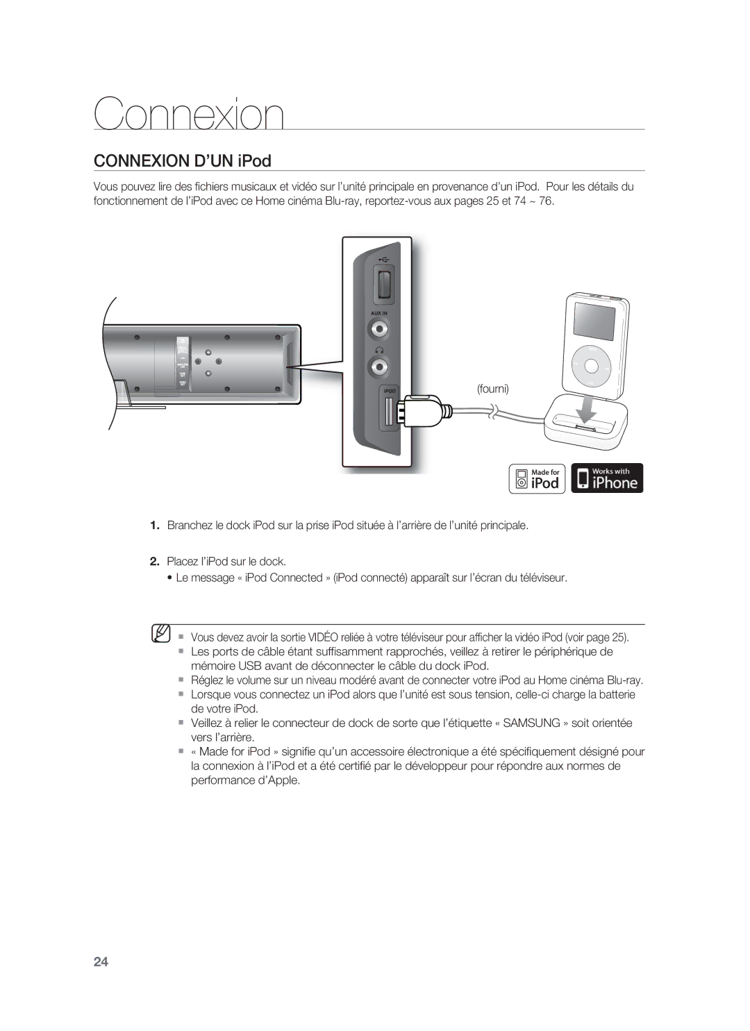 Samsung HT-BD8200T/XEF, HT-BD8200T/XET manual Connexion D’UN iPod 