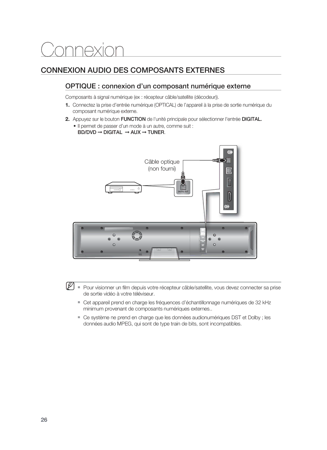 Samsung HT-BD8200T/XEF manual Connexion Audio DES Composants Externes, Optique connexion d’un composant numérique externe 