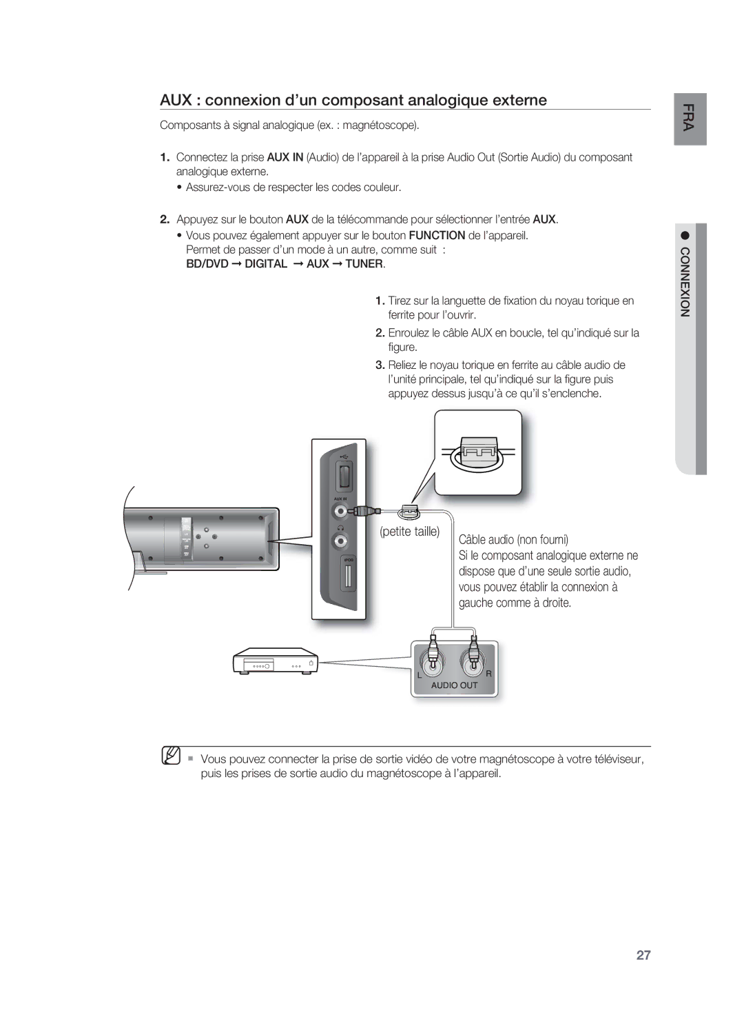 Samsung HT-BD8200T/XET manual AUX connexion d’un composant analogique externe, Petite taille Câble audio non fourni 