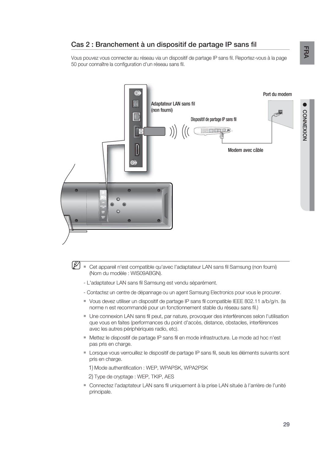 Samsung HT-BD8200T/XET, HT-BD8200T/XEF manual Cas 2 Branchement à un dispositif de partage IP sans ﬁl 