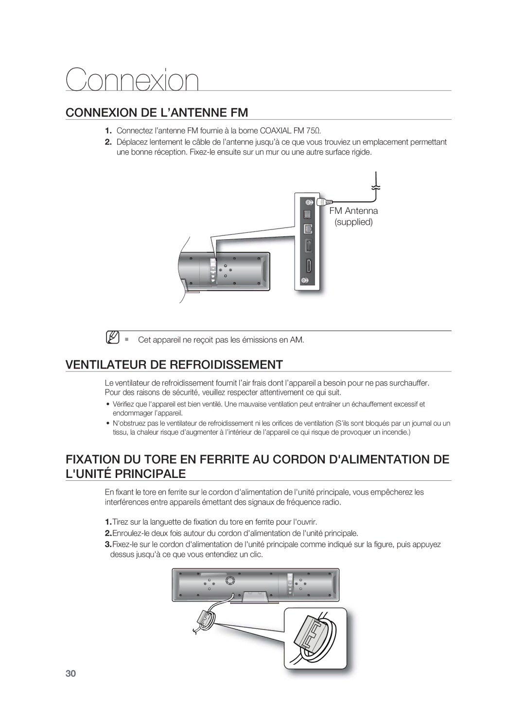 Samsung HT-BD8200T/XEF, HT-BD8200T/XET manual Connexion DE L’ANTENNE FM, Ventilateur DE Refroidissement, FM Antenna Supplied 