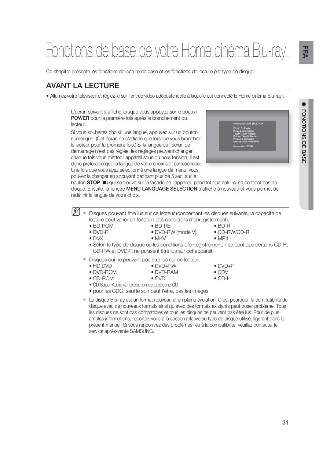 Samsung HT-BD8200T/XET manual Avant LA Lecture, Mkv, Hd Dvd Dvd+Rw, Dvd-Rom Dvd-Ram Cdv Cd-Rom Cvd, Fonctions DE Base 