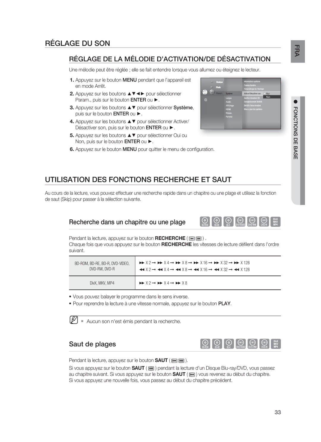 Samsung HT-BD8200T/XET manual Réglage DU SON, Utilisation DES Fonctions Recherche ET Saut, Saut de plages, En mode Arrêt 