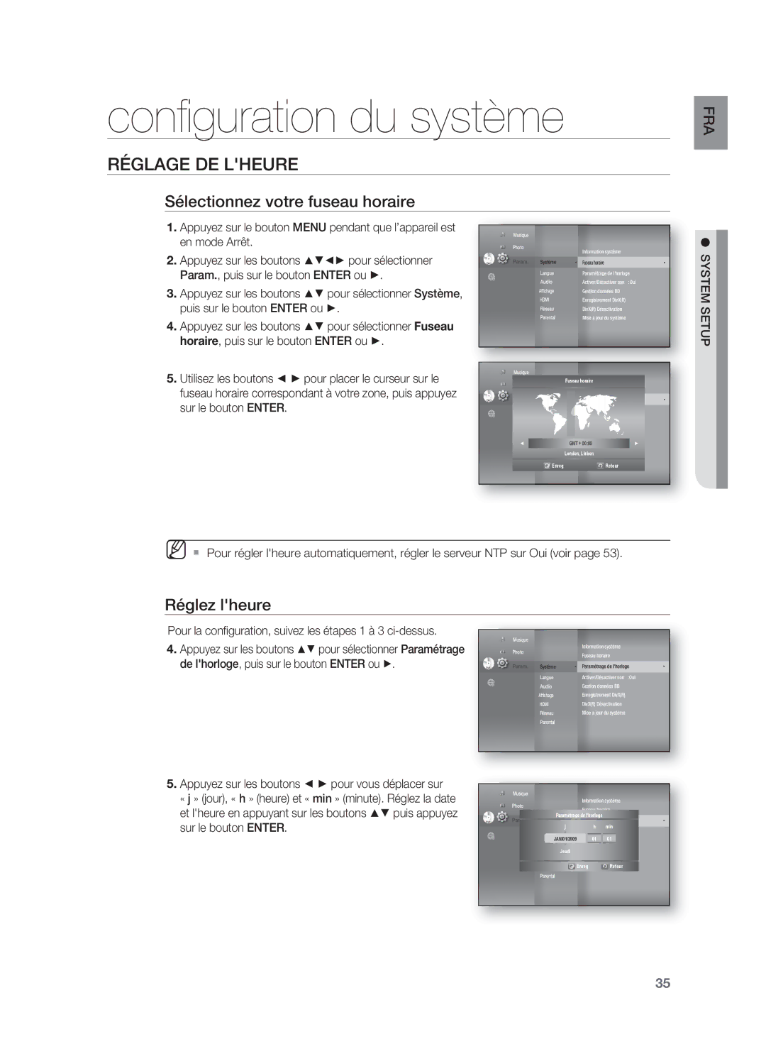 Samsung HT-BD8200T/XET manual Conﬁguration du système, Réglage DE Lheure, Sélectionnez votre fuseau horaire, Réglez lheure 