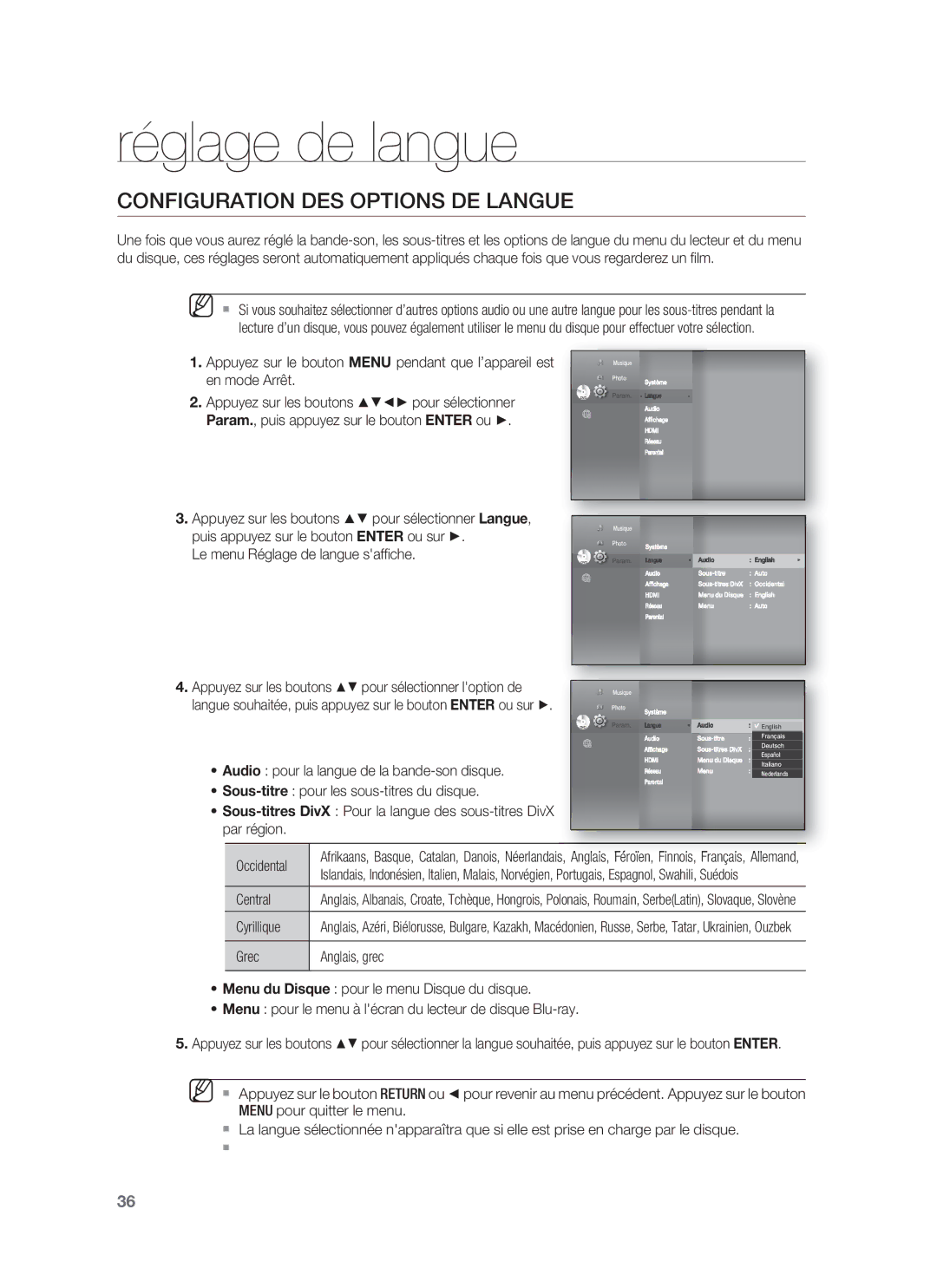 Samsung HT-BD8200T/XEF, HT-BD8200T/XET manual Réglage de langue, Configuration DES Options DE Langue 