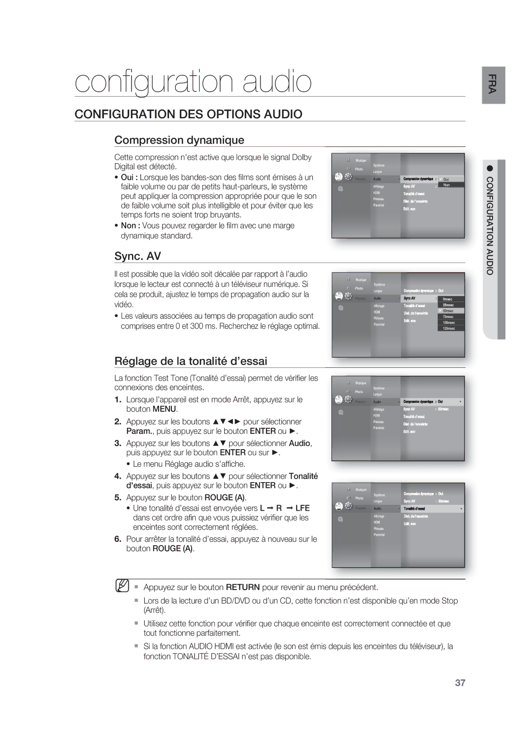 Samsung HT-BD8200T/XET manual Conﬁguration audio, Configuration DES Options Audio, Compression dynamique, Sync. AV 