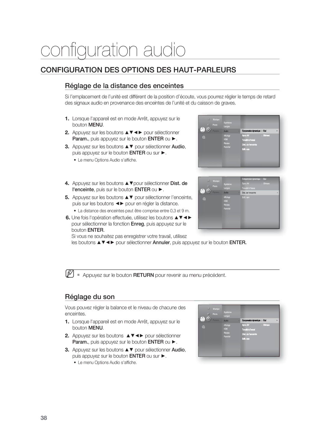 Samsung HT-BD8200T/XEF Configuration DES Options DES HAUT-PARLEURS, Réglage de la distance des enceintes, Réglage du son 