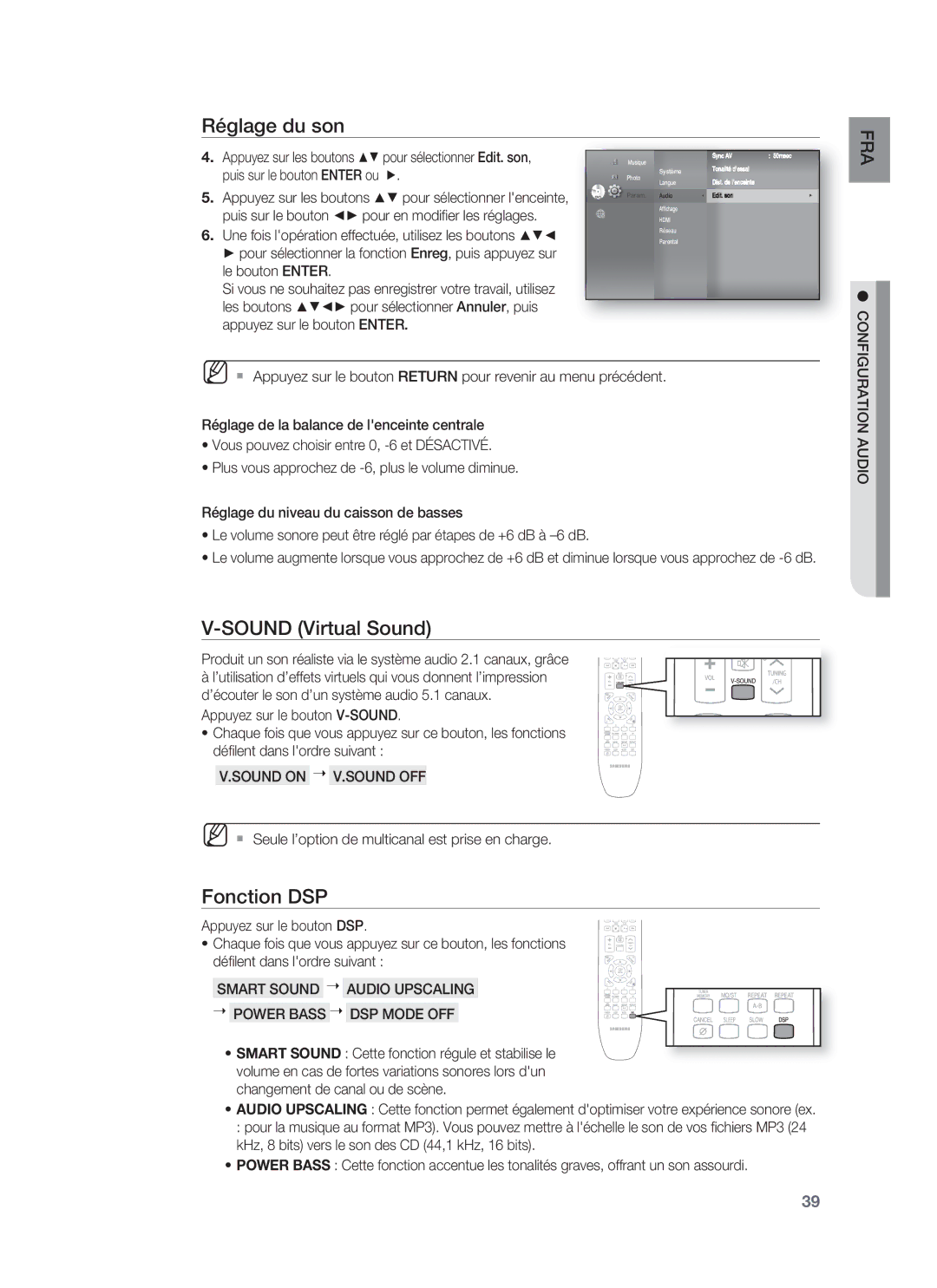 Samsung HT-BD8200T/XET, HT-BD8200T/XEF manual Sound Virtual Sound, Fonction DSP, Sound on V.SOUND OFF 