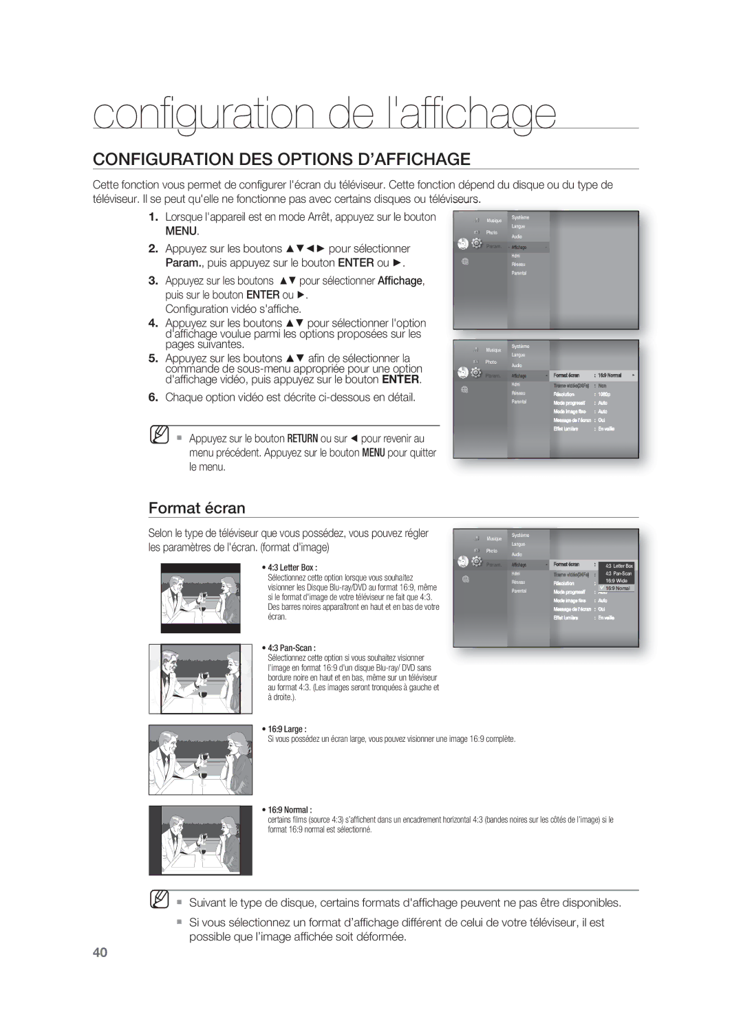 Samsung HT-BD8200T/XEF manual Conﬁguration de lafﬁchage, Configuration DES Options D’AFFICHAGE, Format écran, Menu 