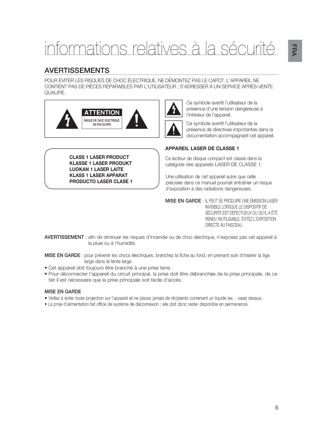 Samsung HT-BD8200T/XET, HT-BD8200T/XEF manual Avertissements, Mise EN Garde 