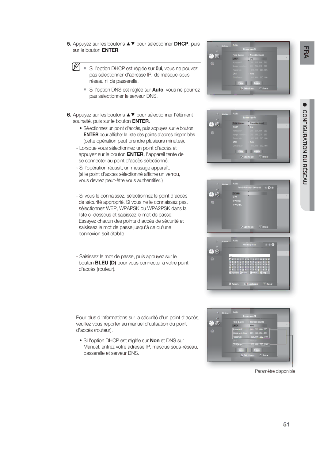 Samsung HT-BD8200T/XET manual Réseau ni de passerelle, Pas sélectionner le serveur DNS, Souhaité, puis sur le bouton Enter 