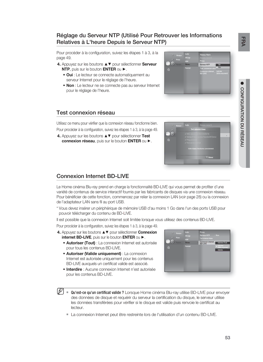 Samsung HT-BD8200T/XET, HT-BD8200T/XEF manual Test connexion réseau, Connexion Internet BD-LIVE 