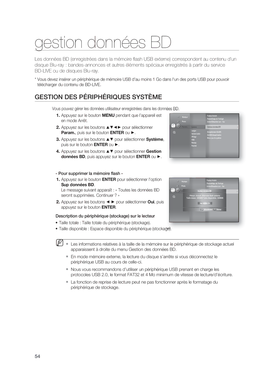 Samsung HT-BD8200T/XEF manual Gestion données BD, Gestion DES Périphériques Système, Seront supprimées. Continuer ? » 