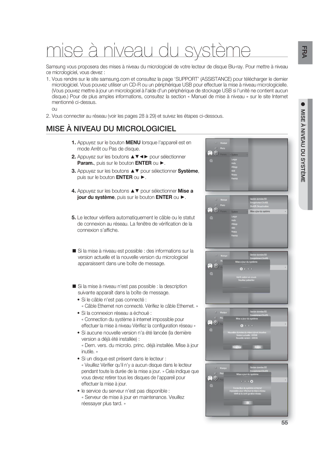 Samsung HT-BD8200T/XET Mise à niveau du système, Mise À Niveau DU Micrologiciel, Si le câble nest pas connecté, DU Système 