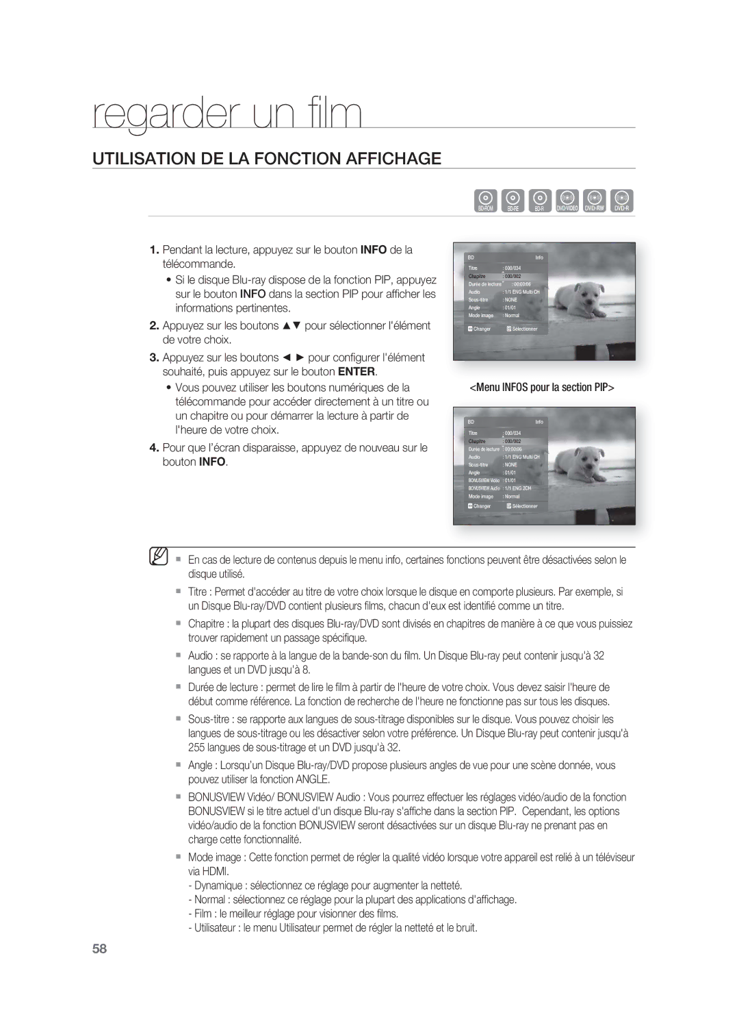 Samsung HT-BD8200T/XEF manual Regarder un ﬁ lm, Utilisation DE LA Fonction Affichage, Menu Infos pour la section PIP 