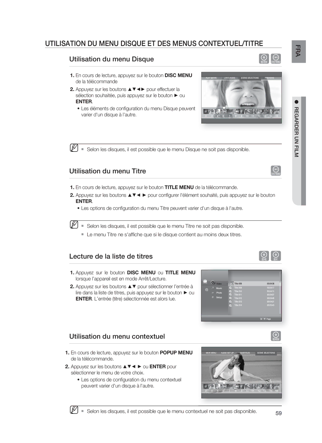 Samsung HT-BD8200T/XET manual Utilisation DU Menu Disque ET DES Menus CONTEXTUEL/TITRE, Utilisation du menu Disque 