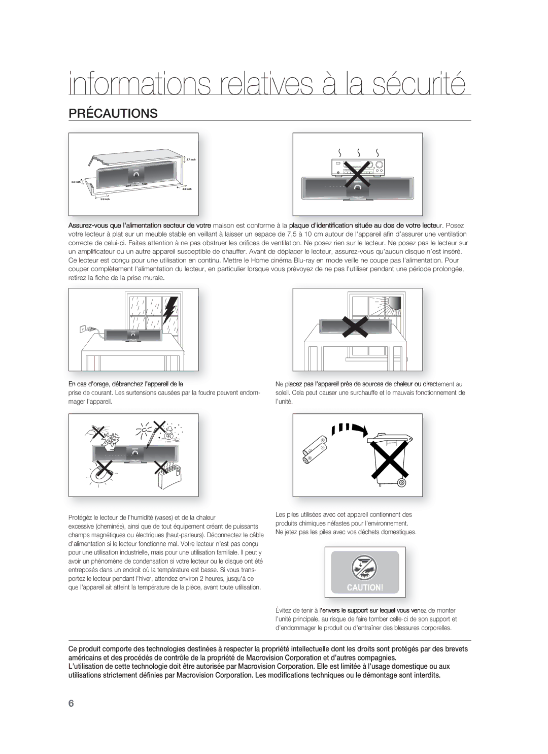 Samsung HT-BD8200T/XEF, HT-BD8200T/XET manual Informations relatives à la sécurité, Précautions 