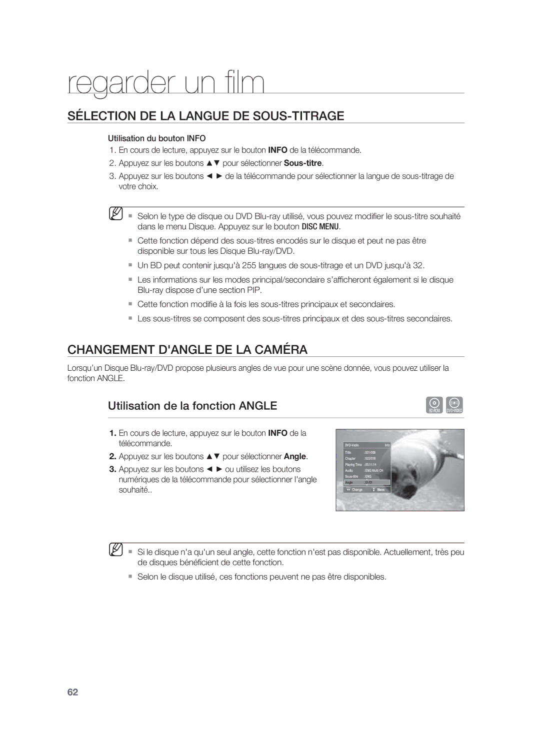 Samsung HT-BD8200T/XEF, HT-BD8200T/XET manual Changement Dangle DE LA Caméra, Utilisation de la fonction Angle 