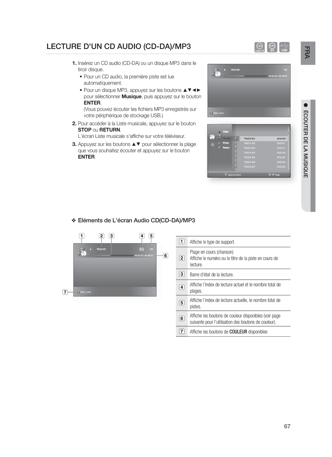 Samsung HT-BD8200T/XET, HT-BD8200T/XEF manual Lecture DUN CD Audio CD-DA/MP3, Eléments de Lécran Audio CDCD-DA/MP3 