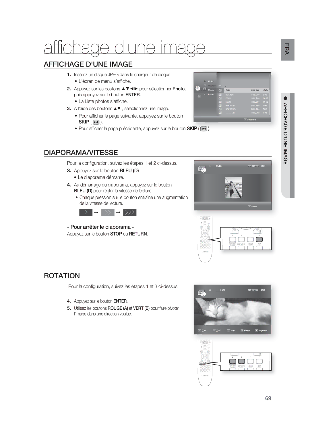 Samsung HT-BD8200T/XET Afﬁ chage dune image, Affichage Dune Image, Diaporama/Vitesse, Rotation, Pour arrêter le diaporama 