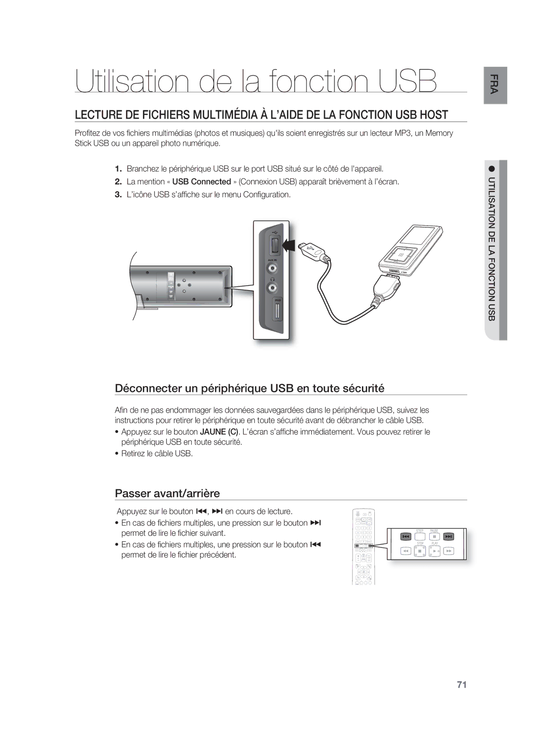 Samsung HT-BD8200T/XET, HT-BD8200T/XEF Utilisation de la fonction USB, Déconnecter un périphérique USB en toute sécurité 