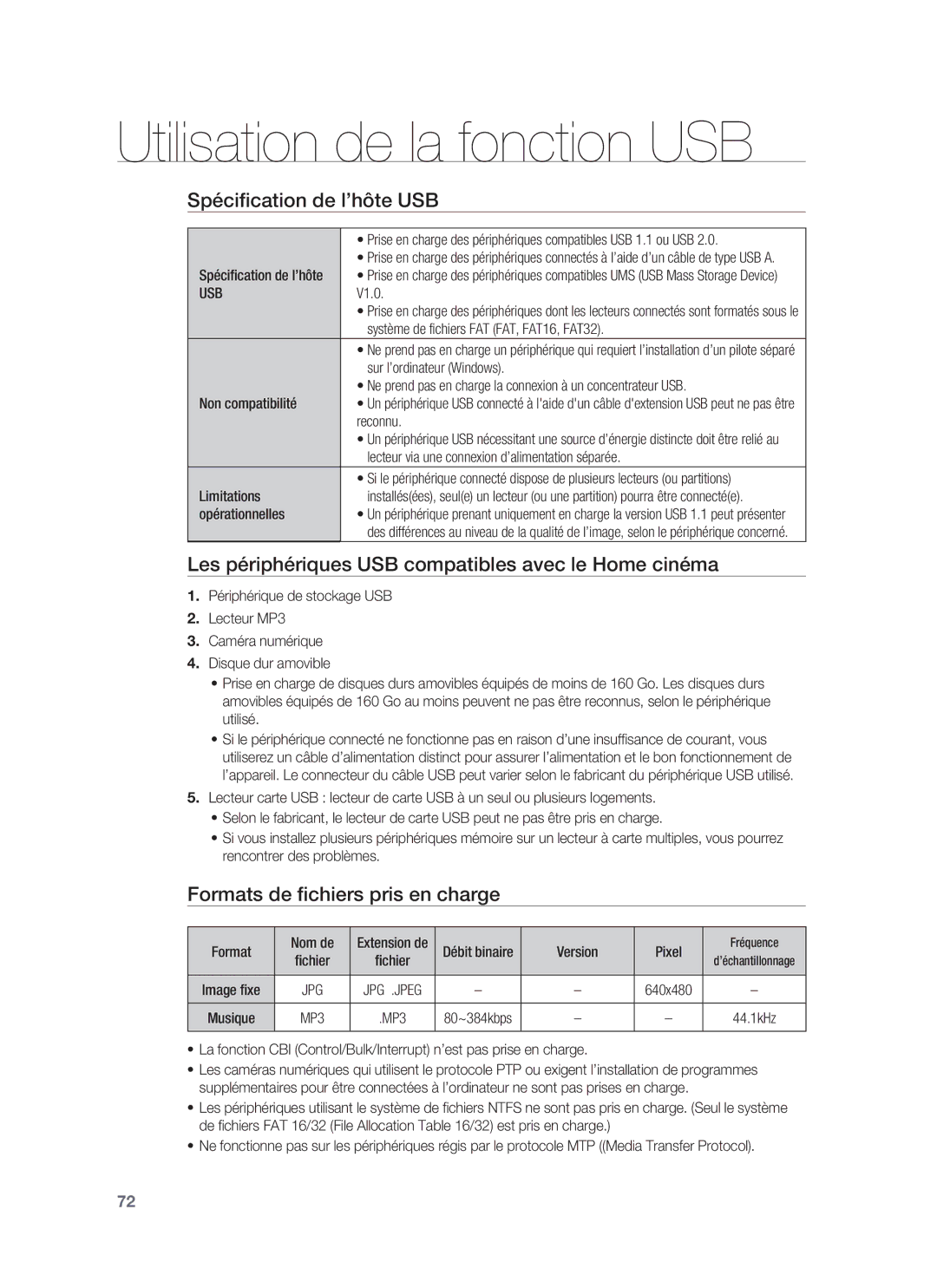 Samsung HT-BD8200T/XEF manual Spéciﬁcation de l’hôte USB, Les périphériques USB compatibles avec le Home cinéma, Usb 