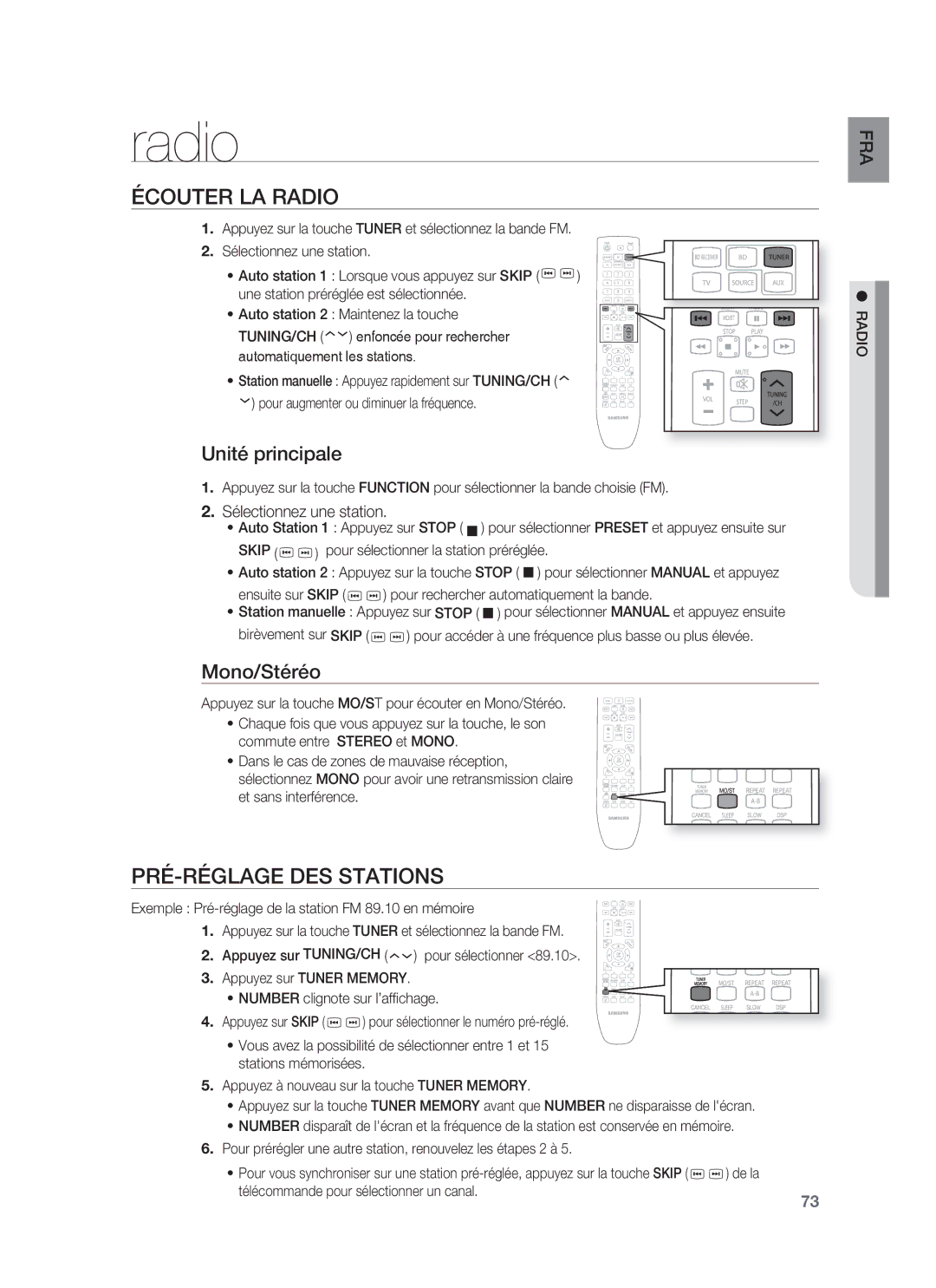 Samsung HT-BD8200T/XET, HT-BD8200T/XEF manual Écouter LA Radio, PRÉ-RÉGLAGE DES Stations, Unité principale, Mono/Stéréo 