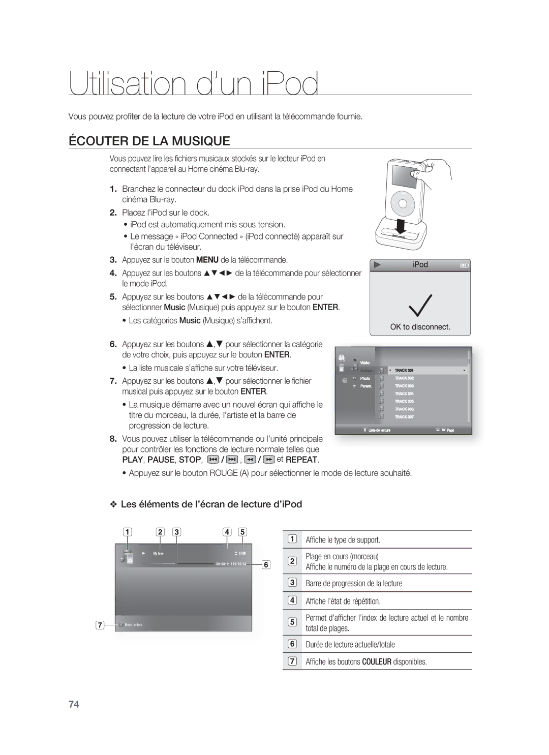 Samsung HT-BD8200T/XEF manual Utilisation d’un iPod, Écouter DE LA Musique, Les éléments de l’écran de lecture d’iPod 