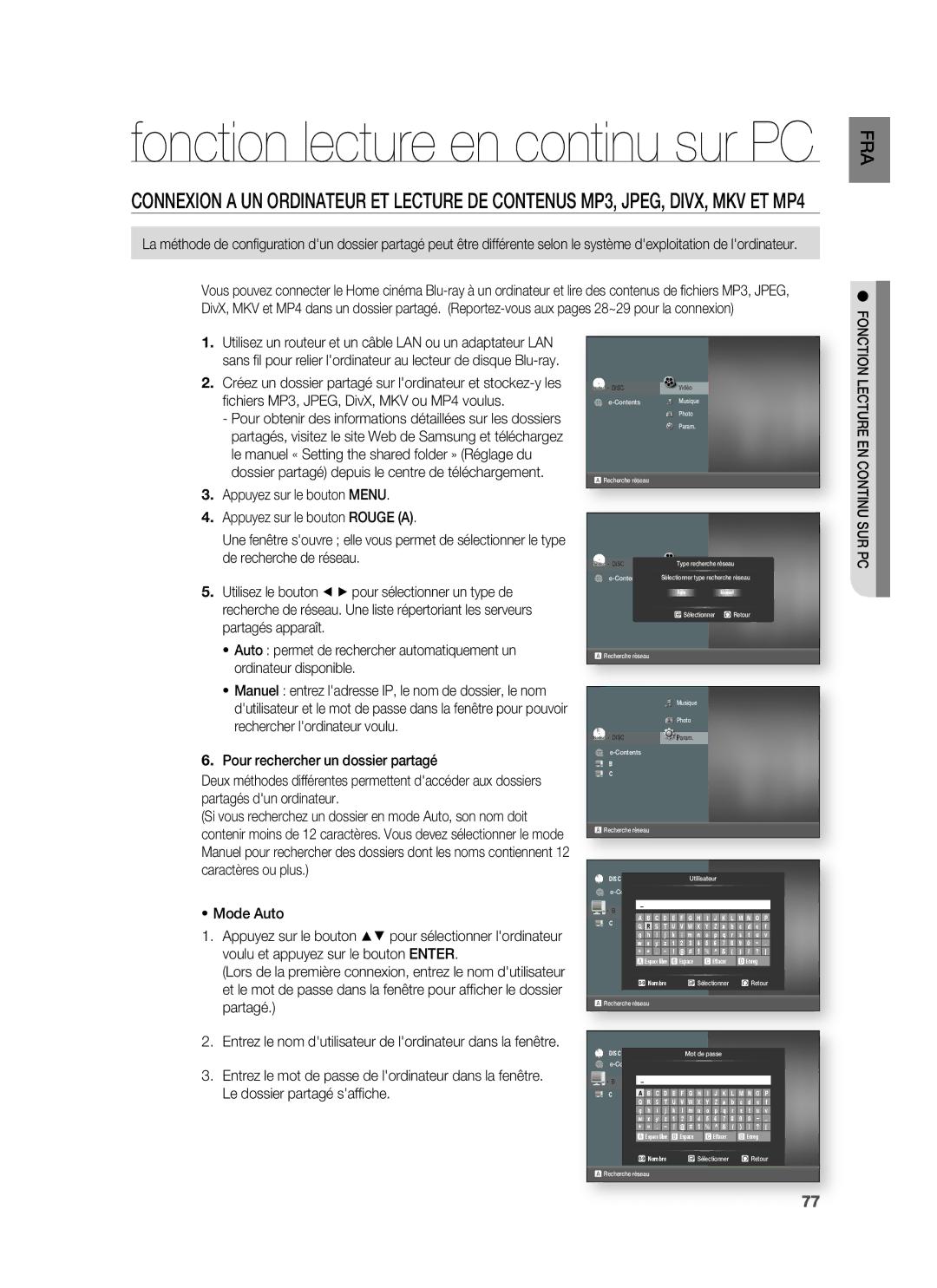 Samsung HT-BD8200T/XET, HT-BD8200T/XEF manual Fonction lecture en continu sur PC 