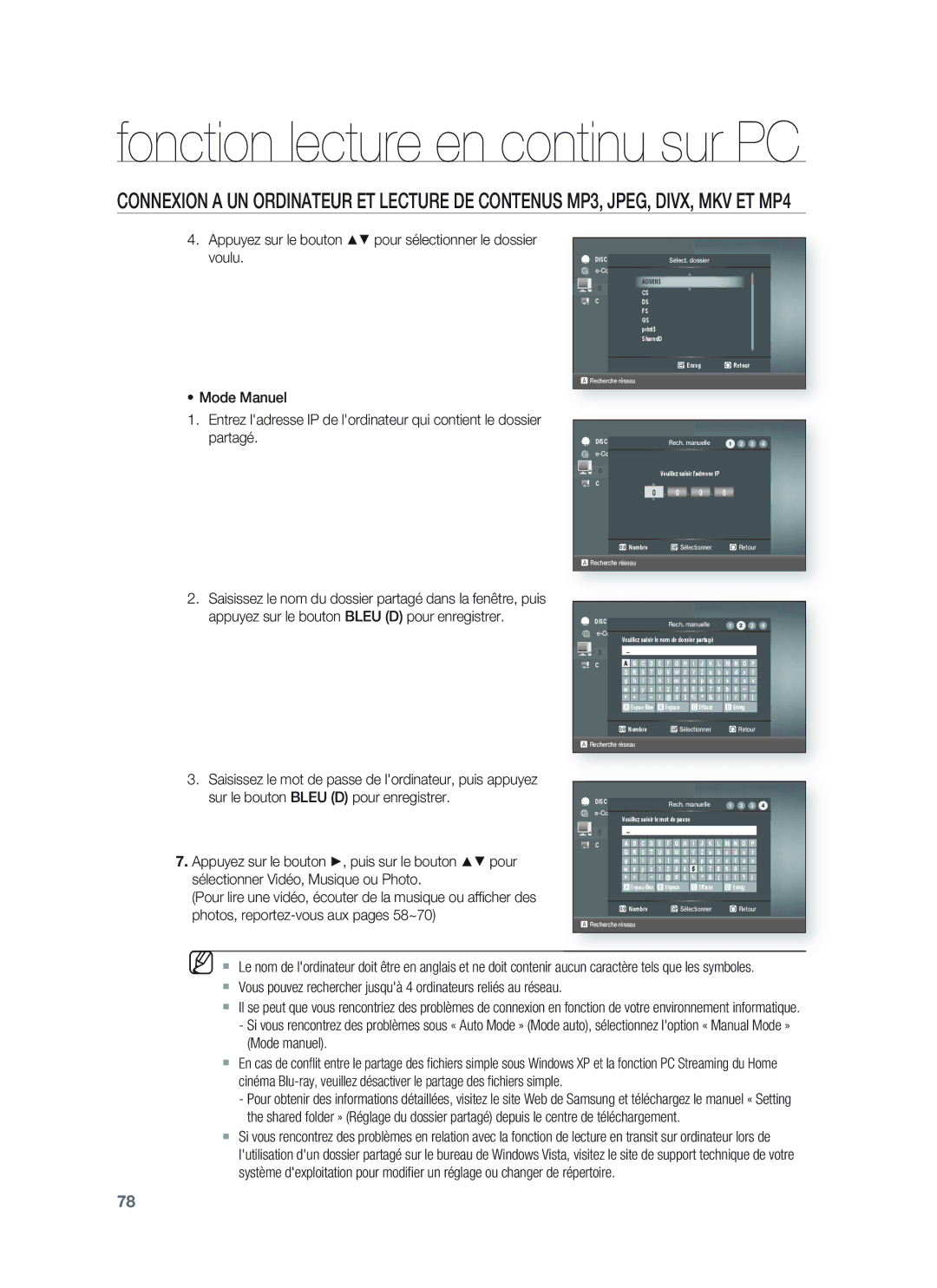 Samsung HT-BD8200T/XEF, HT-BD8200T/XET manual Fonction lecture en continu sur PC 