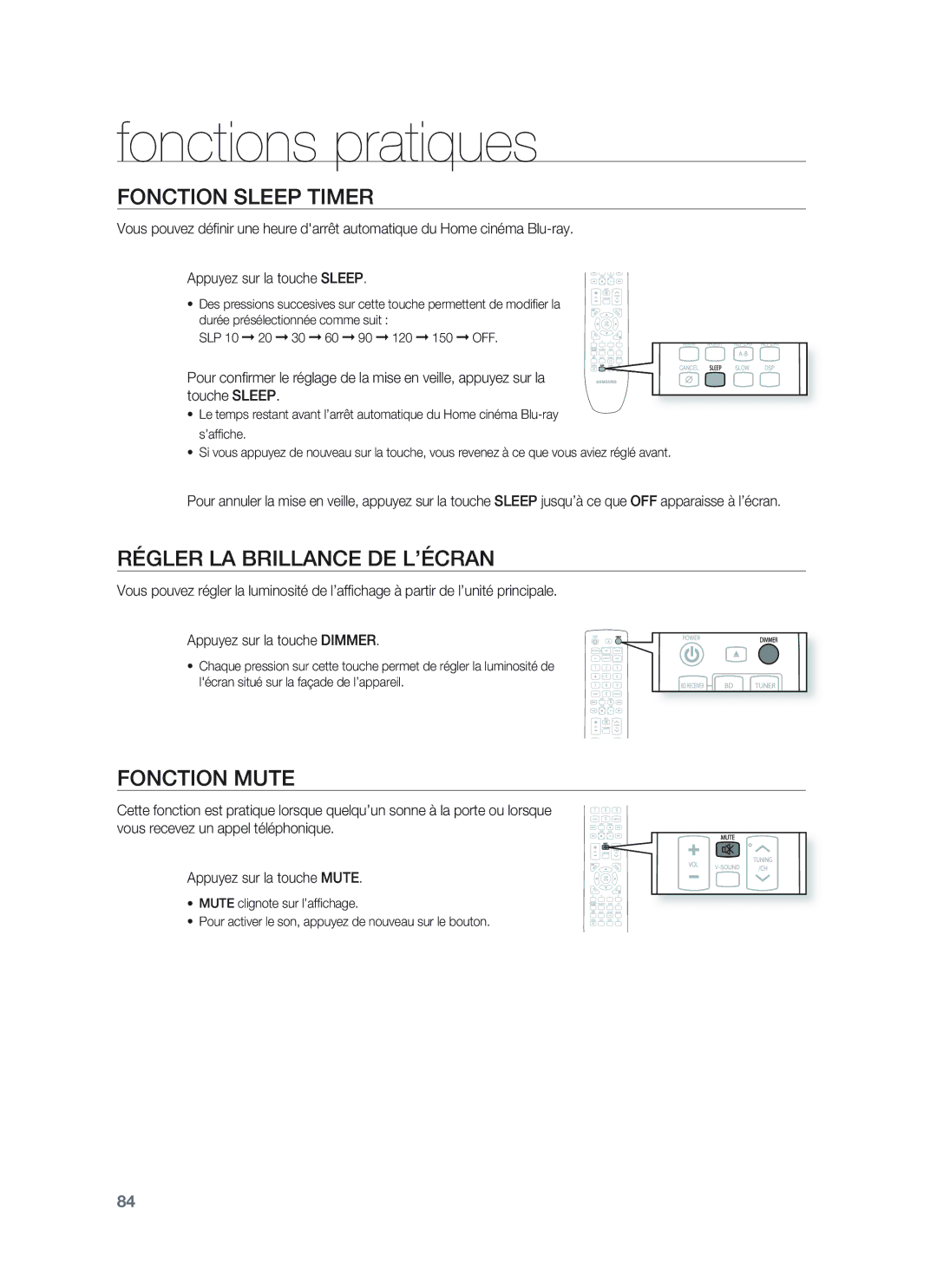 Samsung HT-BD8200T/XEF manual Fonctions pratiques, Fonction Sleep Timer, Régler LA Brillance DE L’ÉCRAN, Fonction Mute 