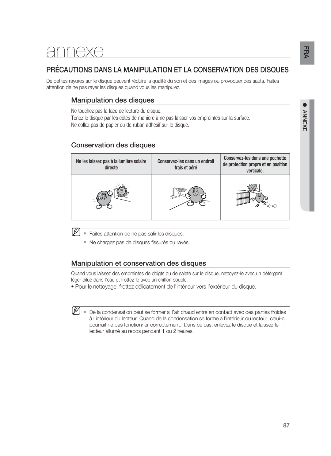 Samsung HT-BD8200T/XET, HT-BD8200T/XEF manual Annexe, Manipulation des disques, Conservation des disques 