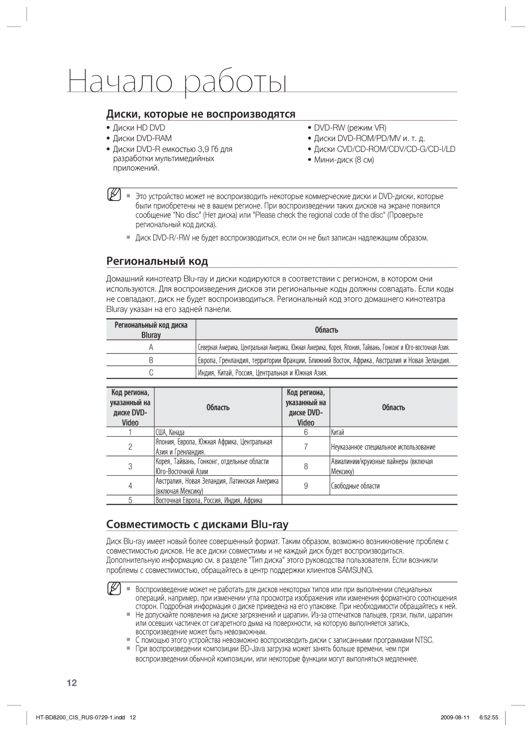 Samsung HT-BD8200T/XER manual Диски, которые не воспроизводятся, Региональный код, Совместимость с дисками Blu-ray 