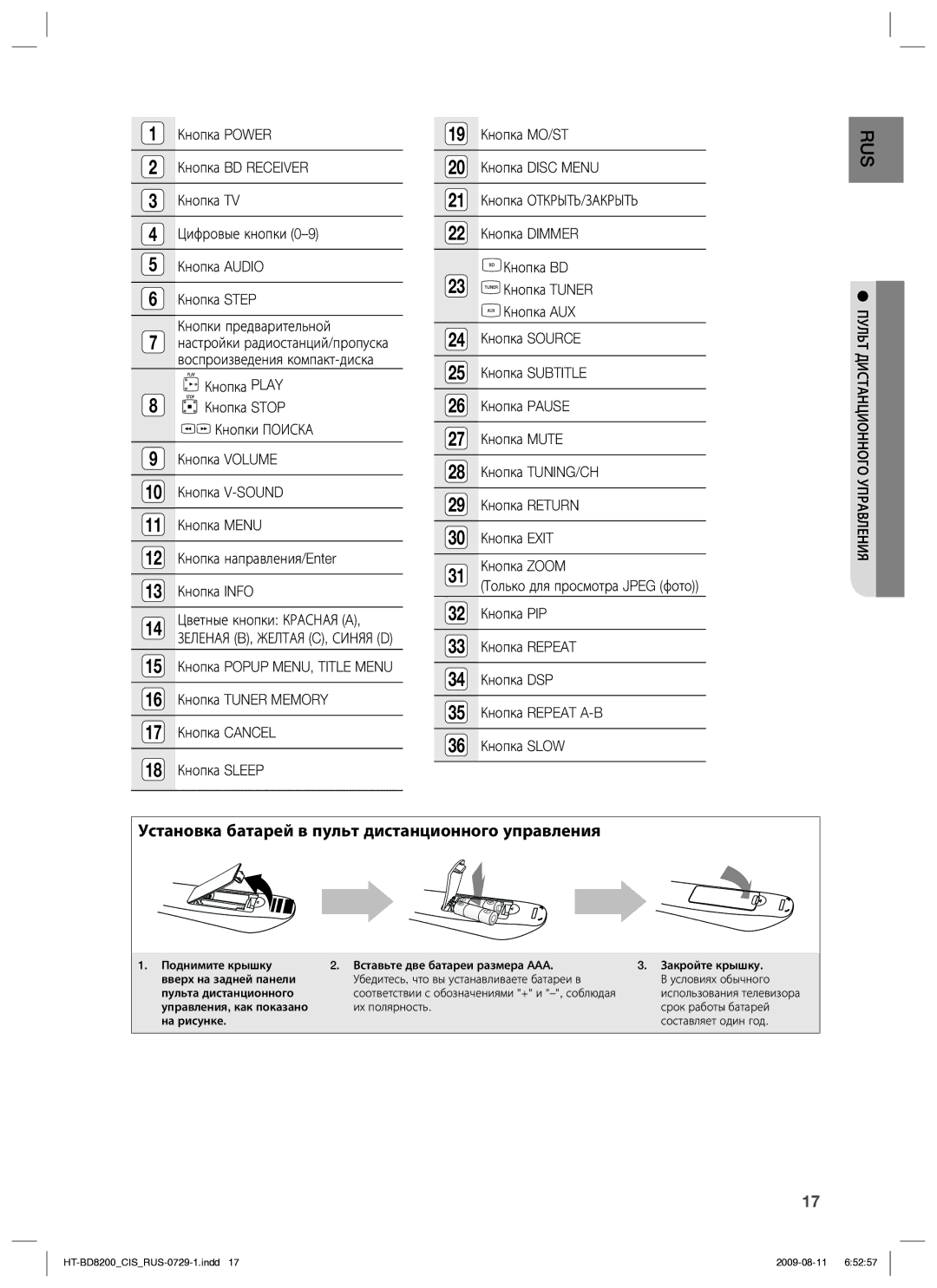 Samsung HT-BD8200T/XER manual Установка батарей в пульт дистанционного управления 