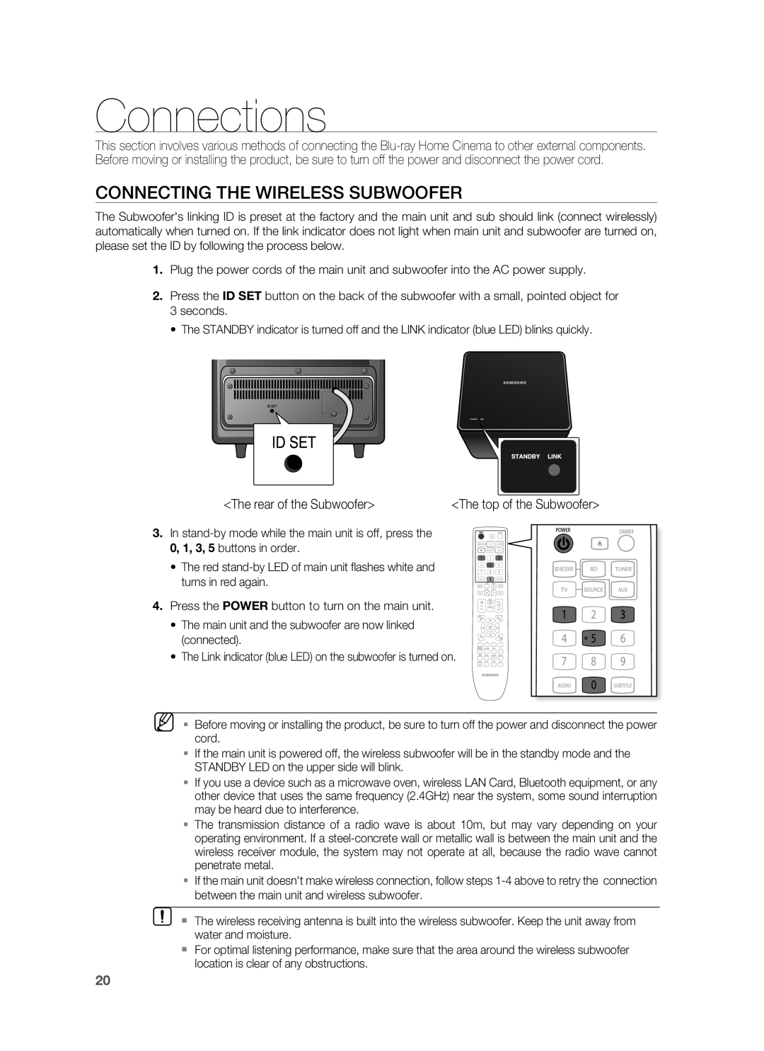 Samsung HT-BD8200T/XER manual Connections, Connecting the Wireless Subwoofer 