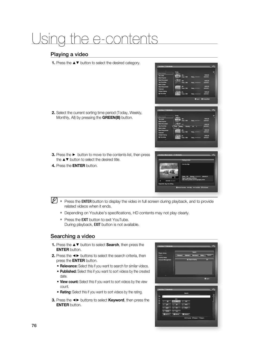 Samsung HT-BD8200T/XER manual Playing a video, Searching a video, Press the button to select the desired category 