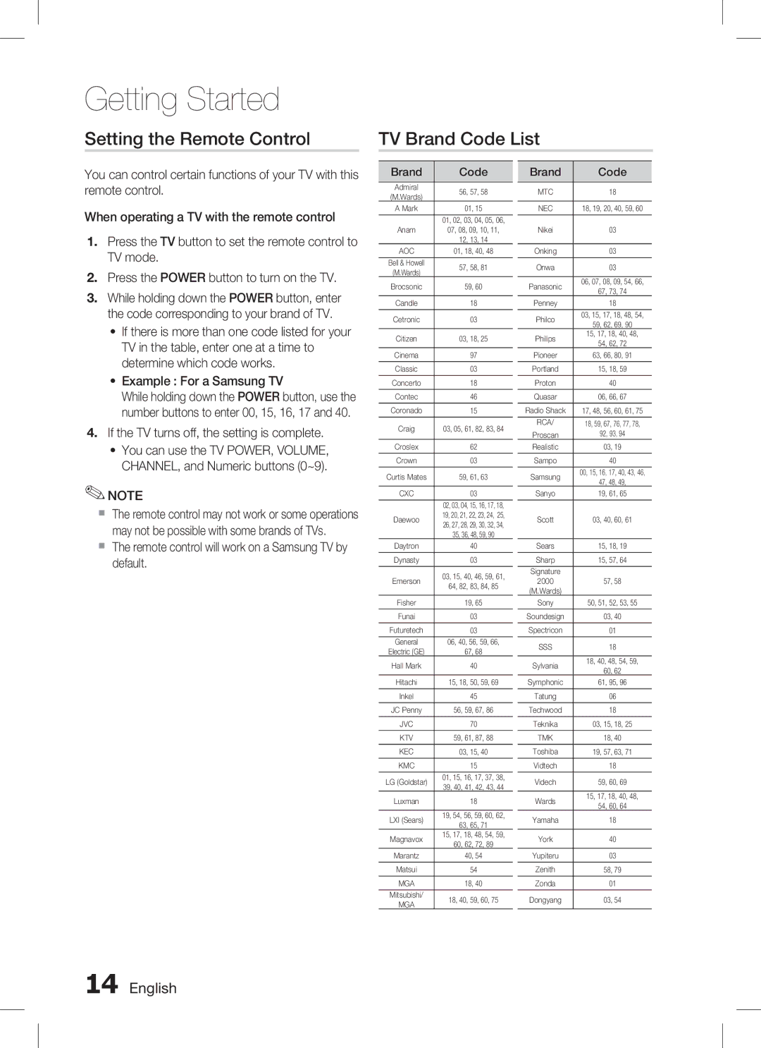 Samsung HT-C330 user manual Setting the Remote Control TV Brand Code List, If the TV turns off, the setting is complete 