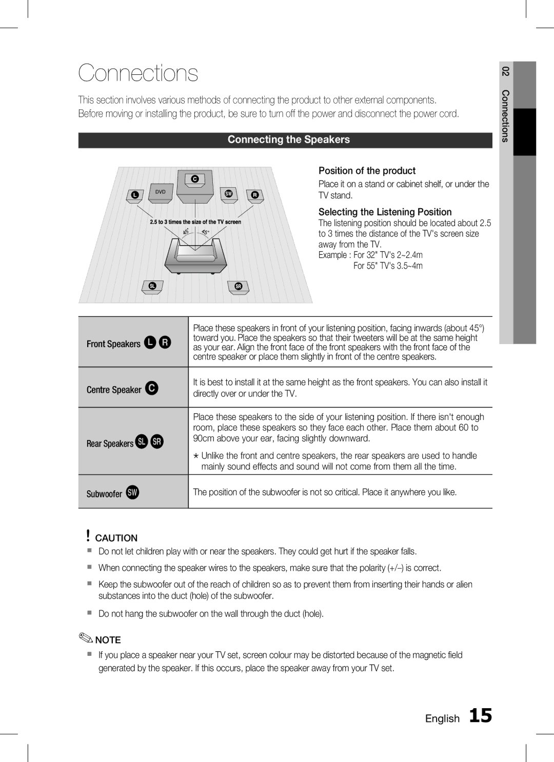 Samsung HT-C330 user manual Connections, Connecting the Speakers 