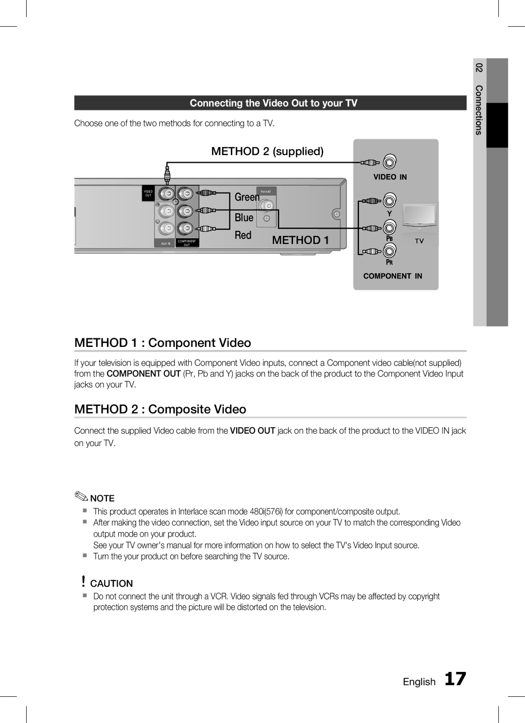 Samsung HT-C330 Method 1 Component Video, Method 2 Composite Video, Connecting the video out to your tv, English 1 