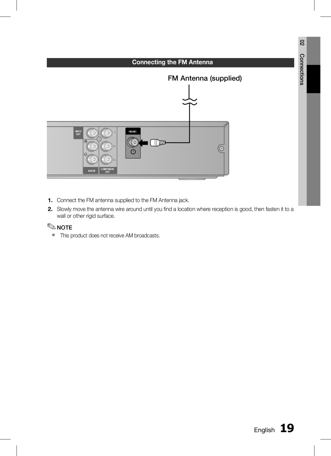 Samsung HT-C330 user manual FM Antenna supplied, Connecting the fm Antenna 