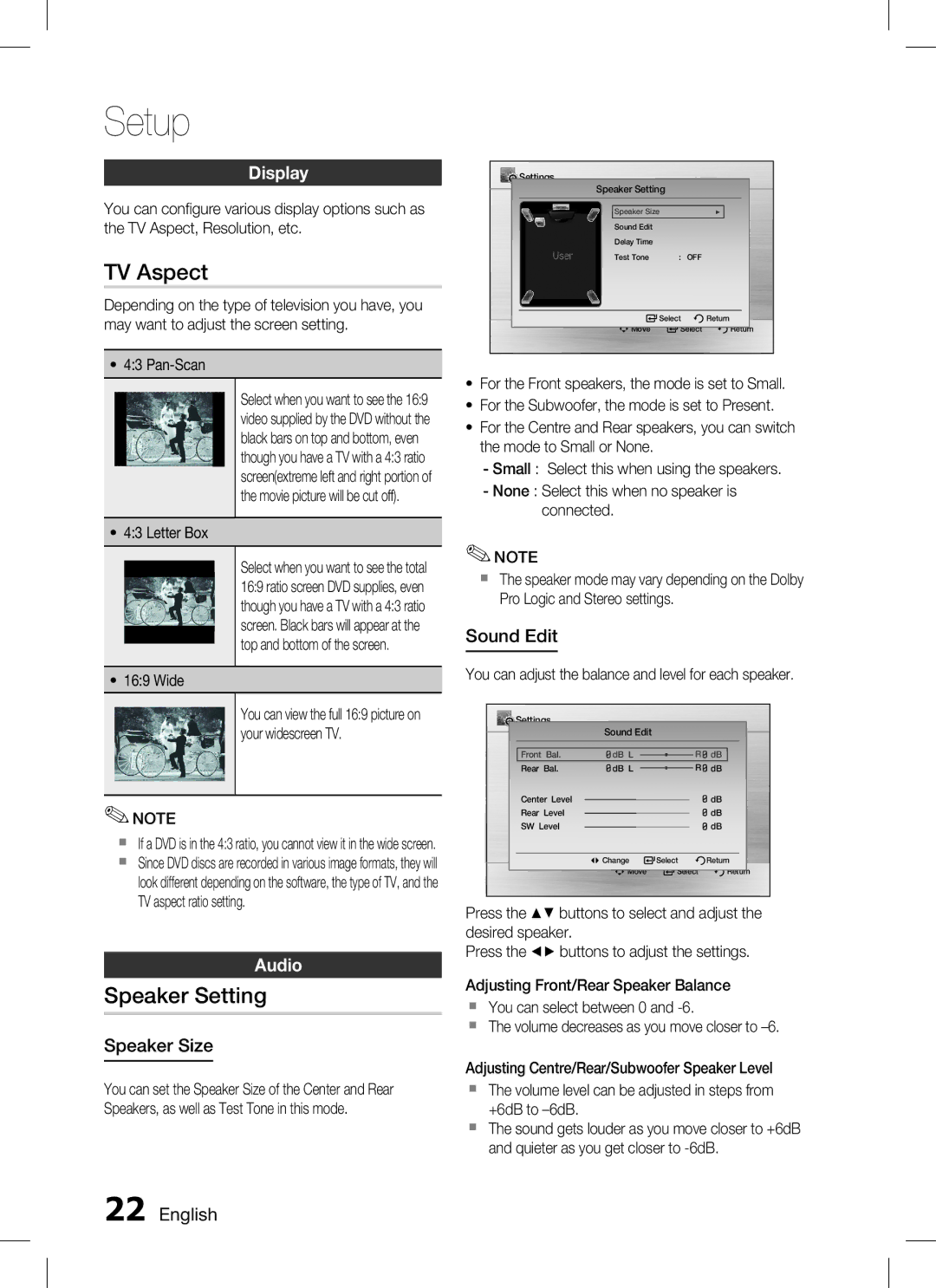 Samsung HT-C330 user manual TV Aspect, Speaker Setting, Display, Audio 