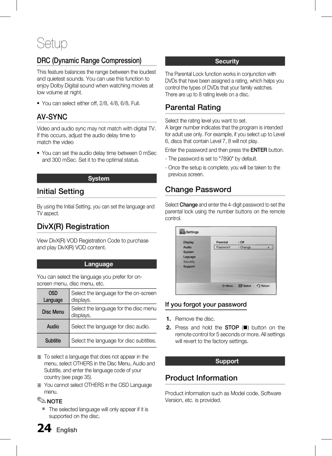 Samsung HT-C330 user manual Initial Setting, DivXR Registration, Parental Rating, Change Password, Product Information 